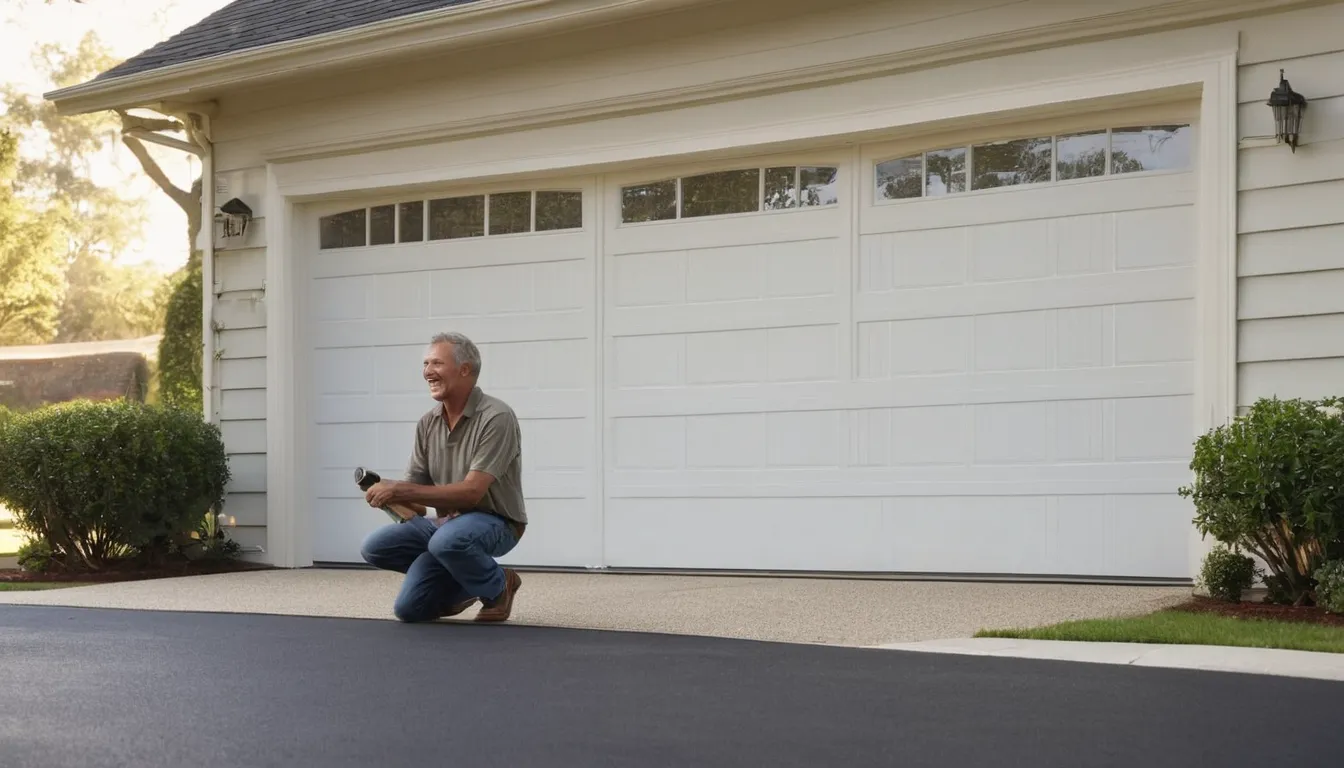 Independent garage door provider inspecting a track and roller on a home garage door in the Alexandria area